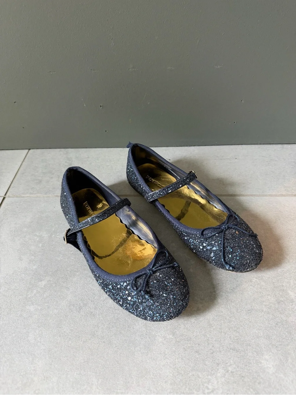 Crew Cuts J Crew Girls Navy Glitter Sparkle Mary Jane Buckle Flats with Bow 4